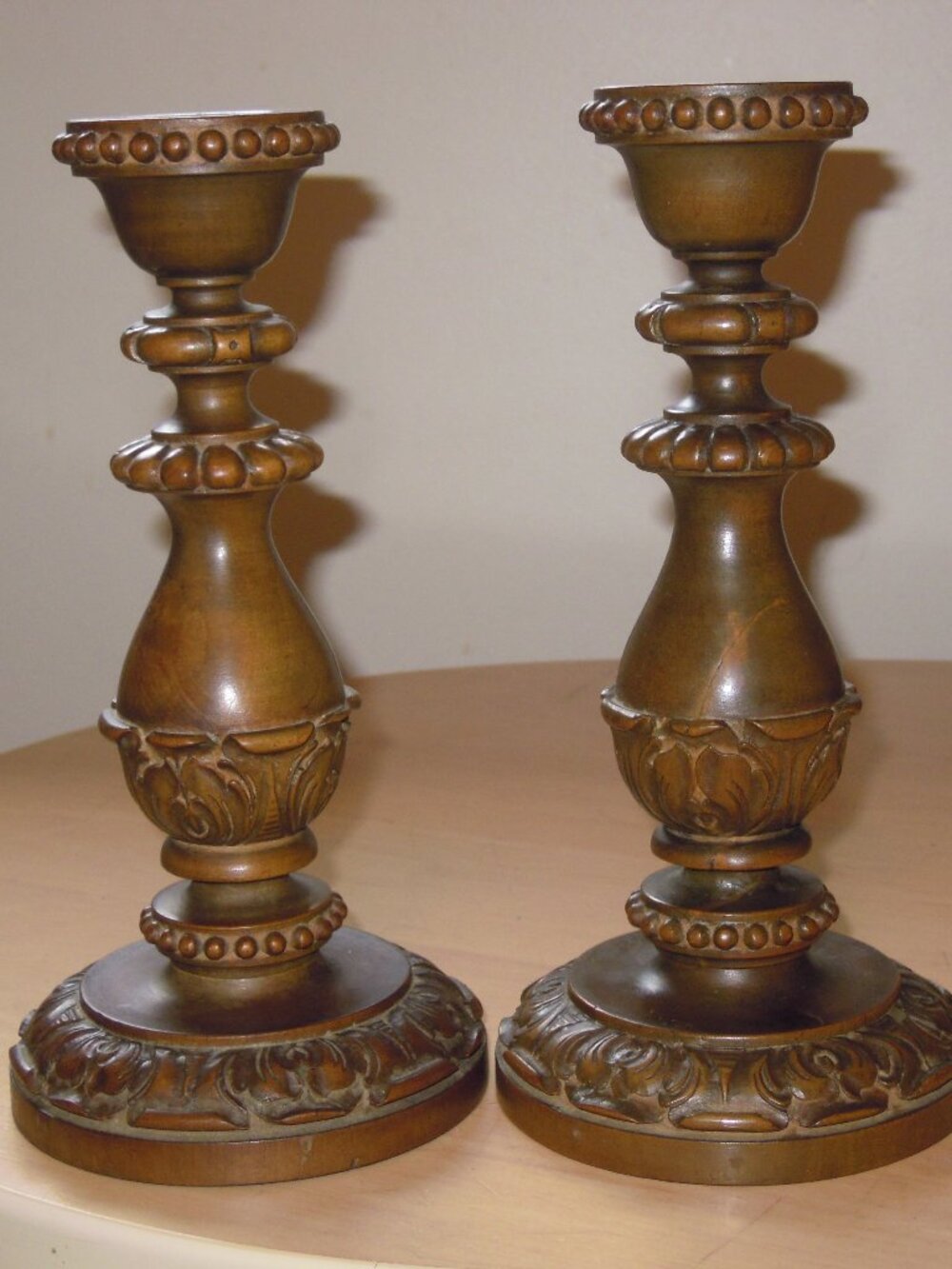 Pair Vintage Antique 100+ years old Wood Candlesticks 8.5" Renaissance Revival